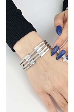 Kaburga Model, Paslanmaz Çelik Kelepçe Bileklik 148, Gümüş Renk