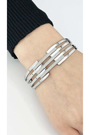 Kaburga Model, Paslanmaz Çelik Kelepçe Bileklik 148, Gümüş Renk