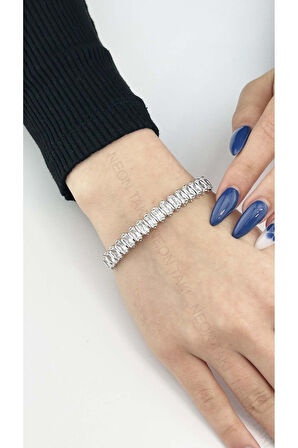 Zirkon Taşlı Su Yolu, Platinyum, Paslanmaz Çelik Bileklik 152, Gümüş Renk