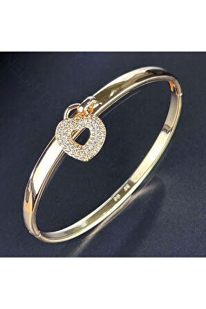 Zirkon Taşlı, Kalp Sallantılı, Altın Kaplama Çelik Bileklik 154, Pembe Renk