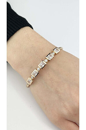 Zirkon Taşlı, Altın Kaplama, Paslanmaz Çelik Bileklik 155, Pembe (ROSE) Renk