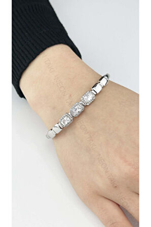 Zirkon Taşlı, Platinyum Kaplama, Paslanmaz Çelik Bileklik 157, Gümüş Renk