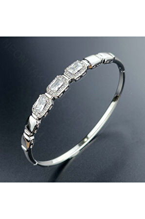Zirkon Taşlı, Platinyum Kaplama, Paslanmaz Çelik Bileklik 157, Gümüş Renk