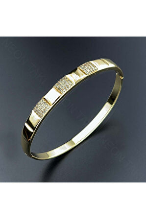 Zirkon Taşlı, Altın Kaplama, Paslanmaz Çelik Kelepçe Bileklik 159, Altın Renk