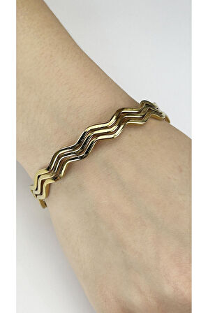 Ajda Bilezik, 3adet, Kare Zik Zak form, Paslanmaz Charm Taşıyıcı Bileklik 161, Çap 60mm, Altın renk