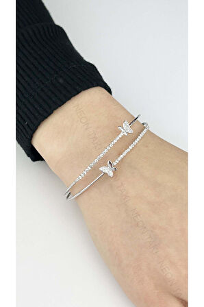 Zirkon Taşlı, Kelebek, Vip Seri Kelepçe 168, Silver Renk