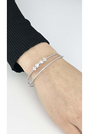 Zirkon Taşlı, Çiçek ve Kurdele Figürlü Vip Seri Kelepçe 170, Silver Renk