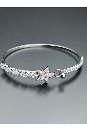 Kelepçe Bileklik, Zirkon Taşlı, Kararmayan Çelik, Yıldız Detaylı, Gümüş Renk, Model171