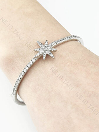 Zirkon Taşlı, Kutup Yıldızı, Platinyum Kap. Çelik Bileklik 176, Gümüş Renk