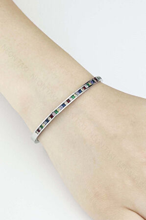 Zirkon Renkli Taşlı, Paslanmaz Çelik Kelepçe 177, Gümüş Renk