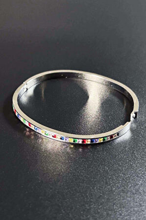 Zirkon Renkli Taşlı, Paslanmaz Çelik Kelepçe 177, Gümüş Renk