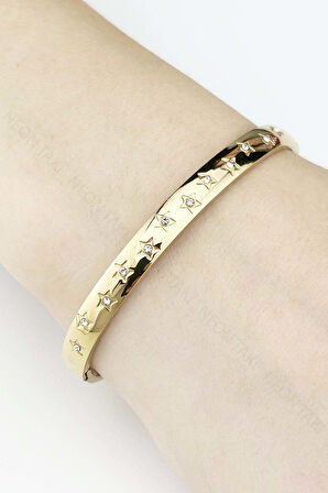 Zirkon Taşlı, Yıldız İşlemeli Paslanmaz Çelik Kelepçe 178, Altın Renk