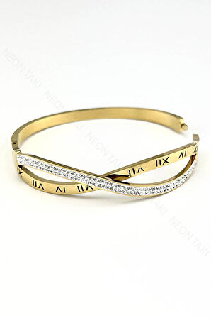 Zirkon Taşlı, Roma Rakamlı, Paslanmaz Çelik Kelepçe 189, Altın Rengi