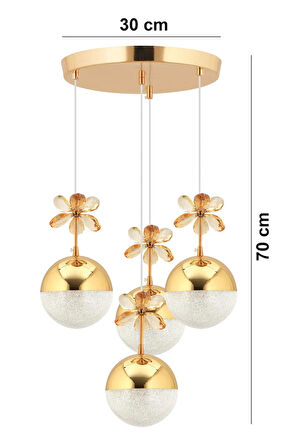Kelebek 4'lü Gold 3 Renk Kademeli Sarkıt Ledli Kristal Taşlı Led Avize