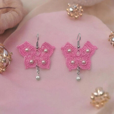 Örgü Etnik Otantik İnci Boncuklu Sallantılı Halka Aesthetic Soft Vintage Hediyelik Kelebek Açık Pembe Renk Küpe