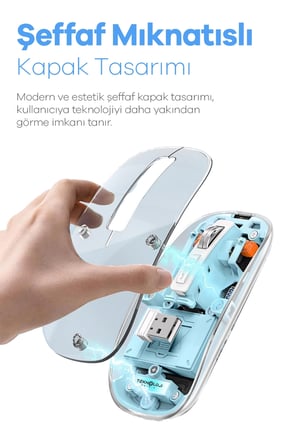 Bluetooth USB Çift Modlu Sessiz Mouse, Şeffaf Mıknatıslı Kapaklı, Type-C Şarjlı, DPI Ayarlı, Kablosuz 10m Çekim Mesafeli, Masaüstü Kısayol Tuşlu, Taşınabilir Şarjlı Mouse Siyah