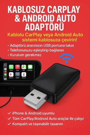 Kablosuz CarPlay & Android Auto Adaptörü - Apple ve Android Cihazlar İçin Evrensel Wireless Carplay Çevirici