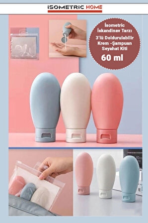 Çok Amaçlı İskandinav Tarz 3'lü Doldurulabilir Çantalı Seyahat Tipi Şişe Seti/ Boş Krem Paketi