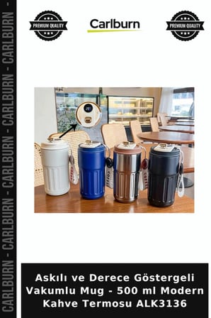 Özel Üretim Askılı ve Derece Göstergeli Vakumlu Mug - 500 ml Modern Kahve Termosu ALK3136