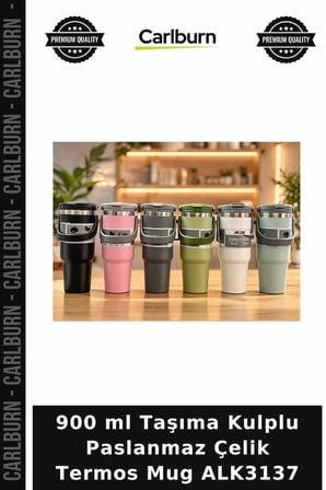 Özel Üretim 900 ml Taşıma Kulplu Paslanmaz Çelik Termos Mug - Vakumlu Isı Yalıtımlı Bardak ALK3137