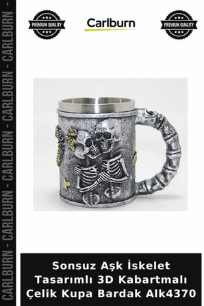 Özel Üretim Gotik Romantik Sonsuz Aşk İskelet Tasarımlı 3D Kabartmalı Çelik Kupa Bardak Alk4370