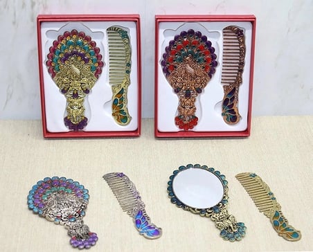 Özel Üretim Hediyelik Makyaj Aksesuar Vintage Tavuskuşu Ayna Ve Tarak Seti Küçük Boy Alk4990