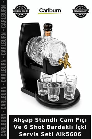 Özel Üretim Bar Aksesuarı Sunum Ahşap Standlı Cam Fıçı Ve 6 Shot Bardaklı İçki Servis Seti Alk5606