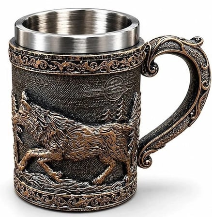 Özel Üretim Hediyelik Tasarım Metal Kurt Figürlü 3 D Kabartmalı Paslanmaz Çelik Kupa Bardak Alk6341