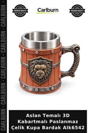 Özel Üretim Hediyelik Tasarım Metal Aslan Temalı 3D Kabartmalı Paslanmaz Çelik Kupa Bardak Alk6542