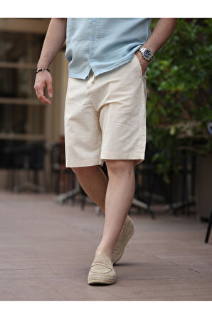 Rahat Kalıp Beli Lastikli Keten Şort