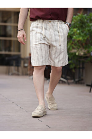 Rahat Kalıp Beli Lastikli Keten Şort