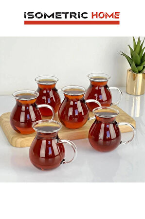 6'lı Keyfi Ala Borosilikat Cam Kulplu Çay Bardağı , Ateşe Temas Edebilen Çay Kupası Bardak