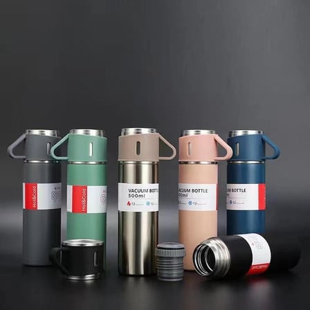 #Termos 304 Kalite Sızdırmaz Isı Yalıtımlı 3 Bardaklı Paslanmaz Çelik Bardaklı Termos Seti 500 ML