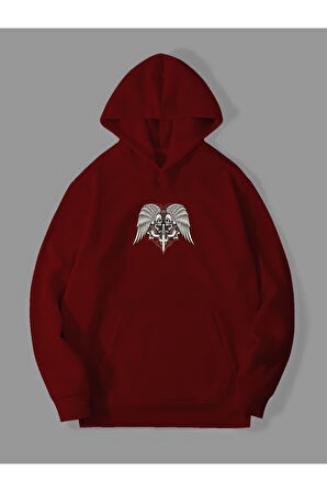 3 İplik Kılıç İskelet Baskılı Kırmızı Kanguru Cepli Kapüşonlu Sweatshirt Hoodie | M