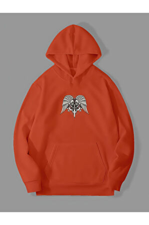 3 İplik Kılıç İskelet Baskılı Kırmızı Kanguru Cepli Kapüşonlu Sweatshirt Hoodie | M