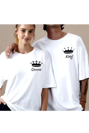 unisex kadın erkek king&queen baskılı sevgili çift kombini tasarım oversize t-shirt 2'li set