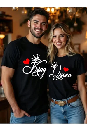 Sevgili Kombini King Queen Baskılı Oversize Çift Tişört Seti Unisex Matching Couple Tshirt Çift