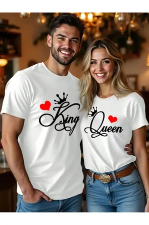 Sevgili Kombini King Queen Baskılı Oversize Çift Tişört Seti Unisex Matching Couple Tshirt Çift