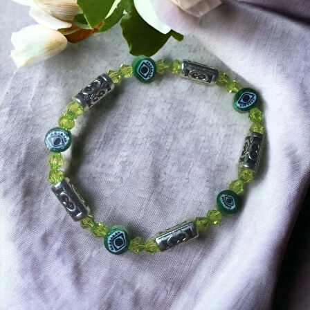Kristal Boncuk Nazar Boncuklu Aesthetic Soft Vibes Vintage Şans Bereket Hediyelik Tasarım Yeşil Renk Bileklik