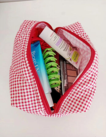 Kırmızı Beyaz Ekose Pamuklu Makyaj Çantası – 20x10 cm