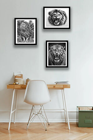 Siyah Beyaz Kara Kalem Çizimli 3'lü Aslan Tablosu, Çerçeve Görünümlü Ev, Ofis Duvar Dekoru