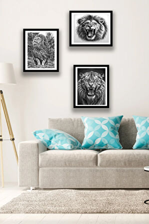 Siyah Beyaz Kara Kalem Çizimli 3'lü Aslan Tablosu, Çerçeve Görünümlü Ev, Ofis Duvar Dekoru