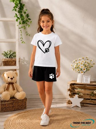 Yazlık Kalp ve Kedi Patisi Baskılı Kız Çocuk Siyah Şort, Beyaz T-Shirt Takım