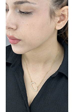 C Harfi, Zirkon Taşlı, Paslanmaz Çelik Kolye 3, Altın Renk