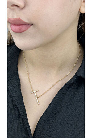 T Harfi, Zirkon Taşlı, Paslanmaz Çelik Kolye 13, Altın Renk