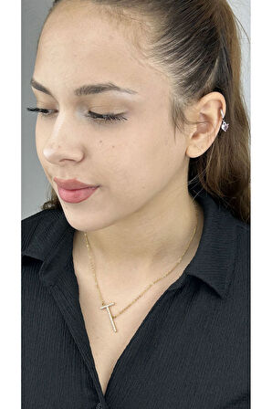 T Harfi, Zirkon Taşlı, Paslanmaz Çelik Kolye 13, Altın Renk