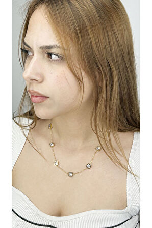 Zirkon Taşlı, Paslanmaz Çelik Kolye 83, Altın Renk