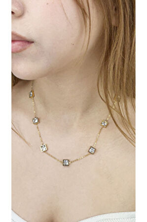 Zirkon Taşlı, Paslanmaz Çelik Kolye 83, Altın Renk