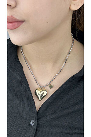 Xxx Çift Renk, Kalp, Top Zincir, Paslanmaz Çelik Kolye 102, Zincir Gümüş Renk