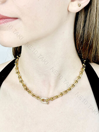 Orta Tek Halkası Zirkon Taşlı, Paslanmaz Çelik Kolye 104, 22 Ayar Altın Renk